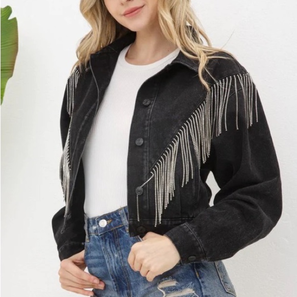 NWOT Black Denim Rhinestone Fringe Jacket
